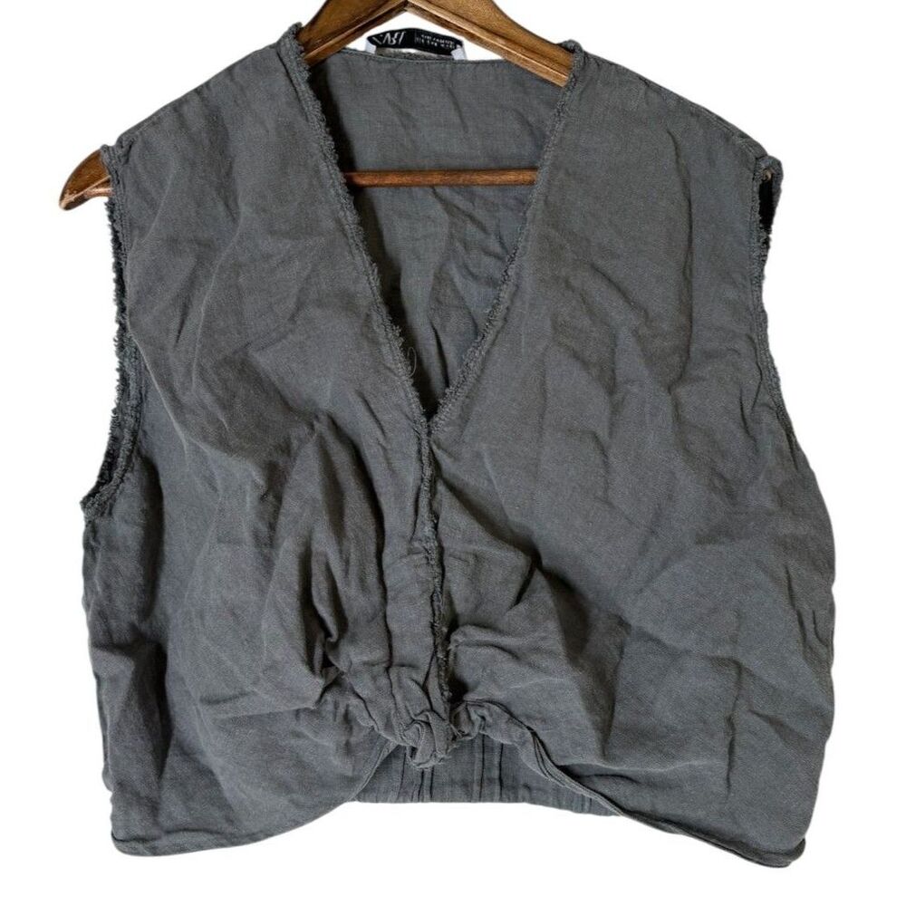 Zara 100% Linen Gray Knotted Tank Top Womens Sz S Lagenlook Boho Chic Beachy
